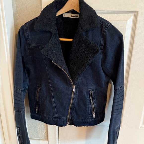 Topshop Jackets & Blazers - Topshop Blue and Black Jean Jacket Cropped Biker Style